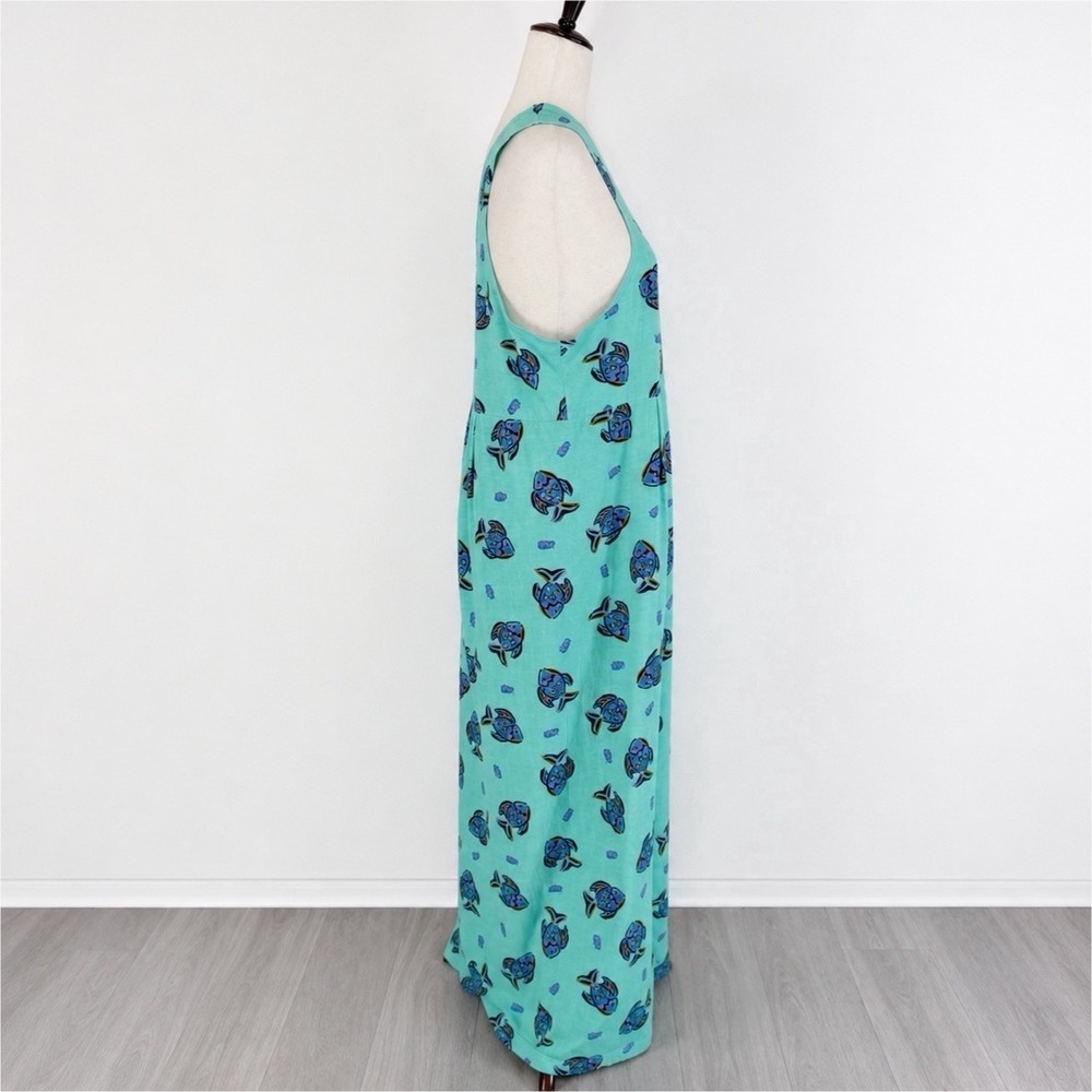 VTG Zip Code Dress Womens XL Green Fish Print Maxi 100% Cotton 90s Retro Beachy - Picture 3 of 8